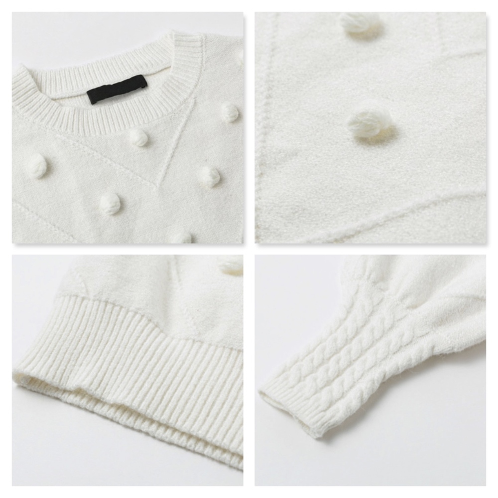White Pom Pom Bishop Sleeve Pullover Sweater - Picture 7 of 8